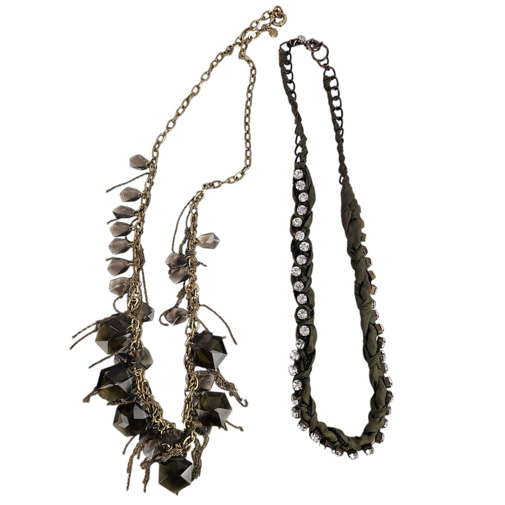 Lot 2 J Crew necklaces olive green and stone ribbon smokey facetted fringed